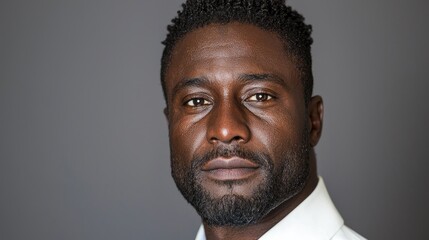 Obraz premium Confident mid-adult Black man looking directly at the camera in a professional studio headshot against a grey background.