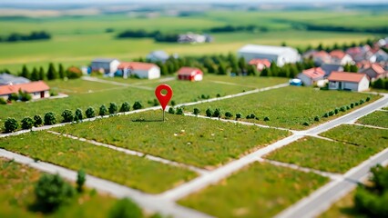 Land plot in aerial view. Identify registration symbol of vacant area for map. That property, real estate for business of home, house or residential i.e. development, sale, rent, buy or investment.