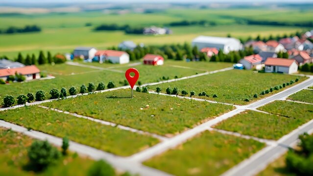 Land plot in aerial view. Identify registration symbol of vacant area for map. That property, real estate for business of home, house or residential i.e. development, sale, rent, buy or investment.
