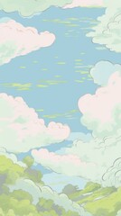 Obraz premium Japan anime blue green cloud sky art outdoors painting.