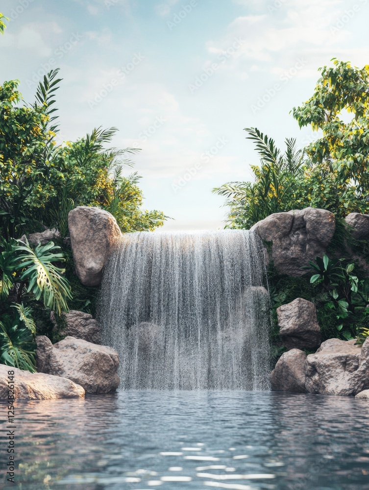 Poster beautiful waterfall cascading into tranquil pool surrounded by lush greenery at sunrise. generative 