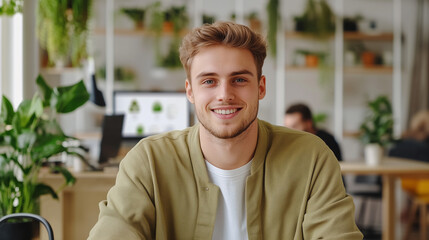 Obraz premium Ambitious Young Entrepreneur Pitching Vertical Farming Business Plan in Co-Working Space with Digital Presentation, Collaborative Environment