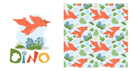Cute baby pattern with funny pterodactyl, kids print, greeting card. Seamless background with prehistoric animals, cute vector texture for baby bedding, fabric, wallpaper, wrapping paper, textile, t