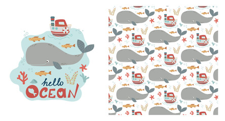 Funny baby pattern with sperm whale and steamship, children s print. Seamless background with sea animals, cute vector texture for baby bedding, fabric, wallpaper, wrapping paper, textile, t-shirt