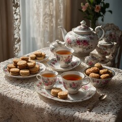 Tea Lover&rsquo;s Paradise &ndash; "Design an inviting tea setup featuring a steaming teapot with floral designs, delicate teacups filled with herbal tea, and a plate of biscuits, all placed on a vintage lace tab