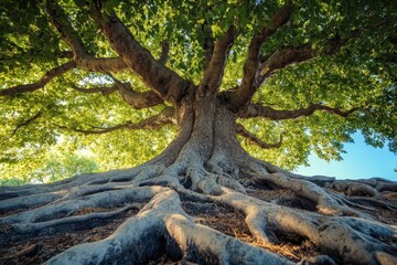 Majestic ancient tree with sprawling roots and lush green canopy. Illustrates strength, longevity, and connection to nature.