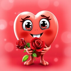 Fototapeta premium Love hearts background, Valentine's Day background, Cute Smiling Heart Holding a Rose, Valentine's Day Concept