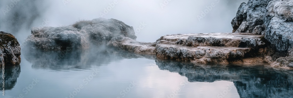 Poster serene hot spring surrounded by rocky edges with steam rising in a tranquil environment during early