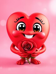 Fototapeta premium Love hearts background, Valentine's Day background, Cute Smiling Heart Holding a Rose, Valentine's Day Concept