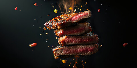 Layered seared meat stacked with vibrant spices and textures