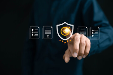 Quality assurance concept, businessman working with computers service Quality assurance, Guarantee,...