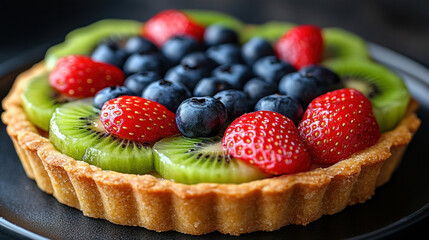 Fresh fruit tartlets with vibrant kiwi, strawberry, and blueberry toppings