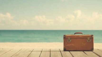 Vintage suitcase on beach boardwalk, ocean view; travel concept