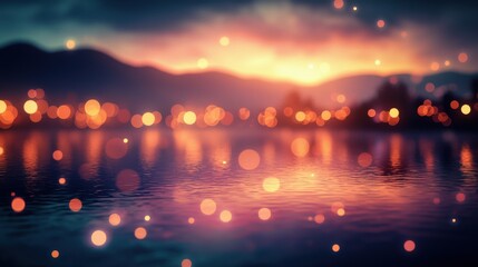 Naklejka premium Cityscape Sunset Reflections - Blurry City Lights on Water