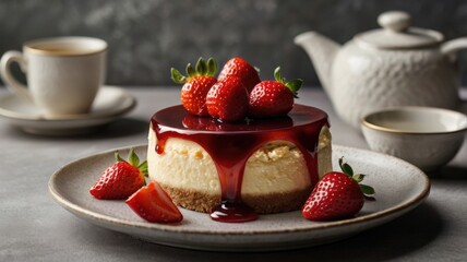 Decadent Cheesecake with Fresh Strawberries and a Cup of Tea