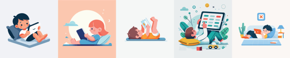 cute little kid vector playing tab