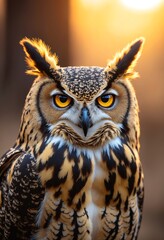 Obraz premium Owl staring at the camera, a large owl found throughout North and South America, with hornlike ear tufts,golden ray of sunset light
