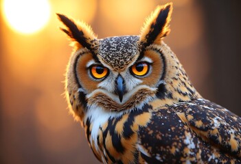 Fototapeta premium Owl staring at the camera, a large owl found throughout North and South America, with hornlike ear tufts,golden ray of sunset light