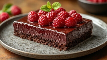 Gluten-free chocolate tart with a raspberry topping served on a marble plate