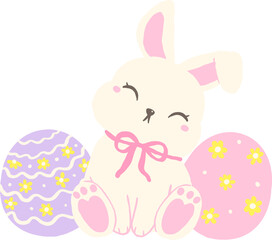 Cute Easter Bunny sitting with easter eggs