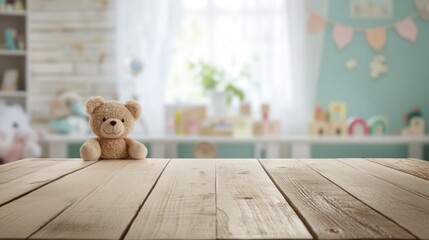 Empty wooden table with blurred background, children's room and teddy bear toy, design product display template.