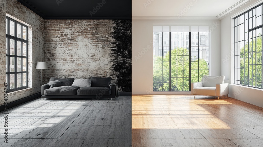 Aufkleber exploring the transformation from dark, outdated interiors to bright, modern designs in an urban apa
