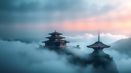 illustration of Japanese mountains covered in mist with temple and torii gate at the top of the mountain, oriental background, textured forest landscape, textured mountain range
