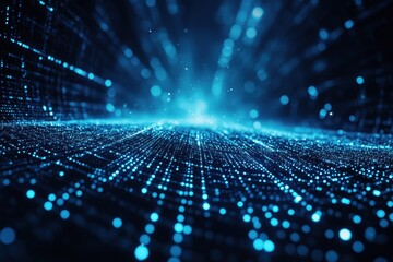 Abstract blue glowing particle field, digital data flow. Ideal for tech, network, and AI concepts, evokes futuristic innovation.