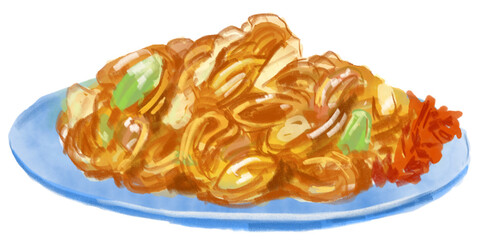 美味しそうな焼きそばのリアルな水彩イラスト