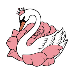 Elegant Swan with Crown and Pink Rose Illustration
