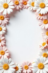 Oval frame decorated with daisies on white background with space for text, card template