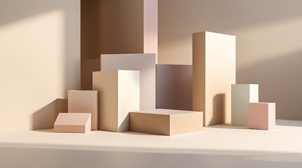 Modern abstract background featuring a minimalist arrangement of geometric pastel blocks with soft lighting and neutral tones, perfect for design concepts and visual aesthetics

