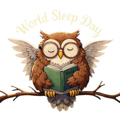 Sleepy owl with glasses and book - World Sleep Day text with transparent background