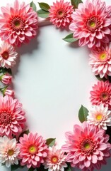 Oval frame decorated with pink chrysanthemums on white background with space for text, card template