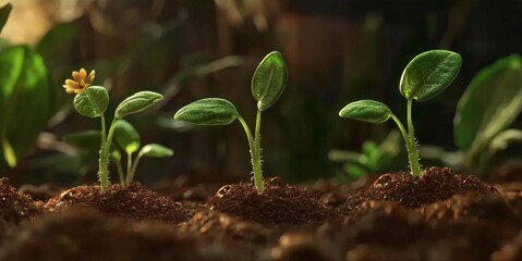 Growth Stages of Seedling Plants in Nutrient-Rich Soil with Sunlight and Natural Background