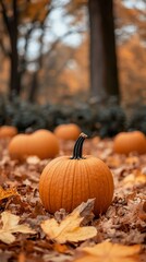 Single pumpkin amidst autumn leaves in a park.