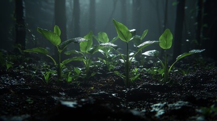 Naklejka premium Lush Green Plants Emerging in Misty Forest Under Soft Sunlight with Dewdrops on Leaves