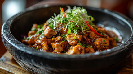 Deliciously spiced chicken dish served in a traditional stone bowl at a vibrant restaurant