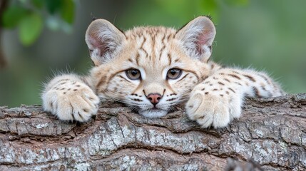 Bobcat kitten peering over log, spring foliage