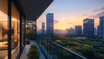 Fototapeta premium Urban Sunset Panorama: Breathtaking Cityscape from a Luxurious Balcony