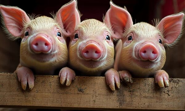 Three adorable piglets peering over a wooden fence in a rustic farm setting, with hay in the background