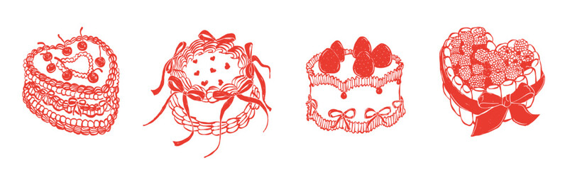 Ink sketch hand drawn minimal line art illustrations of heart-shaped cakes decorated with ribbons, cherries, and strawberries, featuring delicate bows, perfect for love, celebration, and dessert-theme