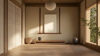 A minimalist Japandi-style living room with neutral tones, wooden accents, and a white frame centered on the wall.
