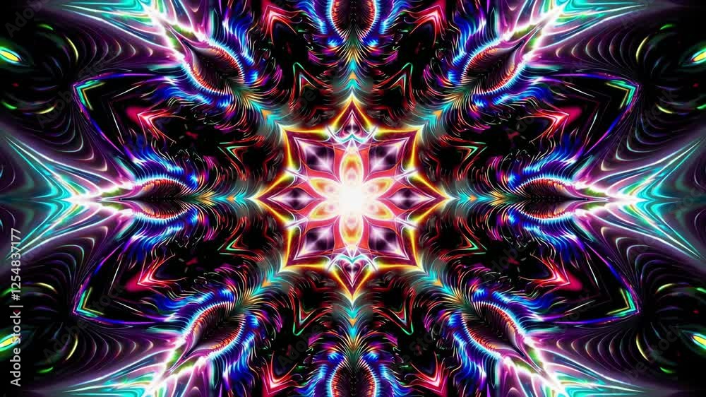 Poster kaleidoscopic neon light pattern with symmetrical abstract design, vibrant digital art concept