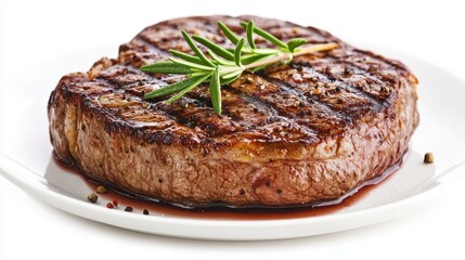 A perfectly grilled steak garnished with fresh rosemary, served on a white plate, showcasing its juicy texture and appetizing appearance.
