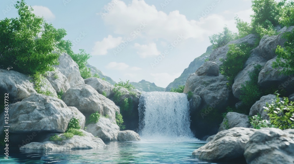 Aufkleber Serene waterfall cascading into a tranquil pool surrounded by lush greenery in a vibrant natural setting. Generative AI