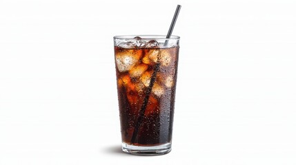 A refreshing glass of dark soda filled with ice cubes and a straw, perfect for quenching thirst.