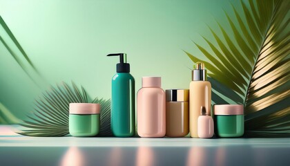 A stylish arrangement of skincare and beauty products on a serene background, highlighted by green tropical leaves.