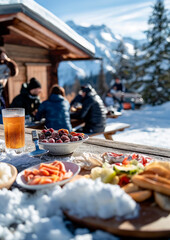 winter sports and ski hut with food and drinks, winter vacation, fun, apres ski