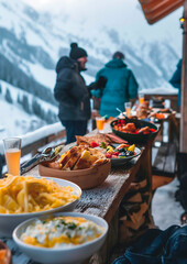 winter sports and ski hut with food and drinks, winter vacation, fun, apres ski